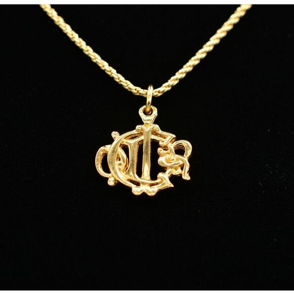 Christian Dior Vintage Logo Pendant Necklace Script Insignia Gold Signed BinR - Picture 1 of 12